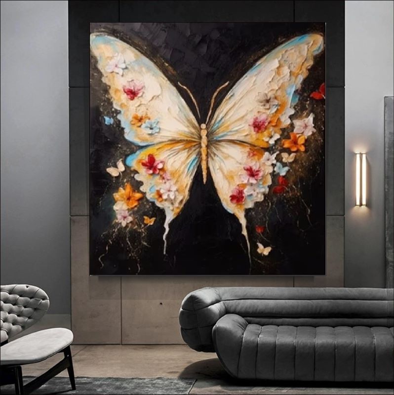 Textured oil painting of a large butterfly with wings composed of cream, pink, and yellow flowers against a dark black background, whimsical wall art.