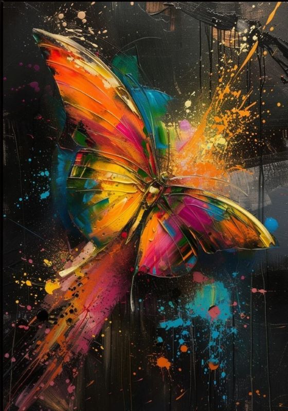 Vibrant abstract painting of a colorful butterfly with neon orange, pink, and blue wings featuring dynamic paint splatters against a dark background, modern art style.