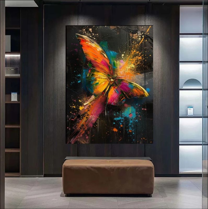 Vibrant abstract painting of a colorful butterfly with neon orange, pink, and blue wings featuring dynamic paint splatters against a dark background, modern art style.
