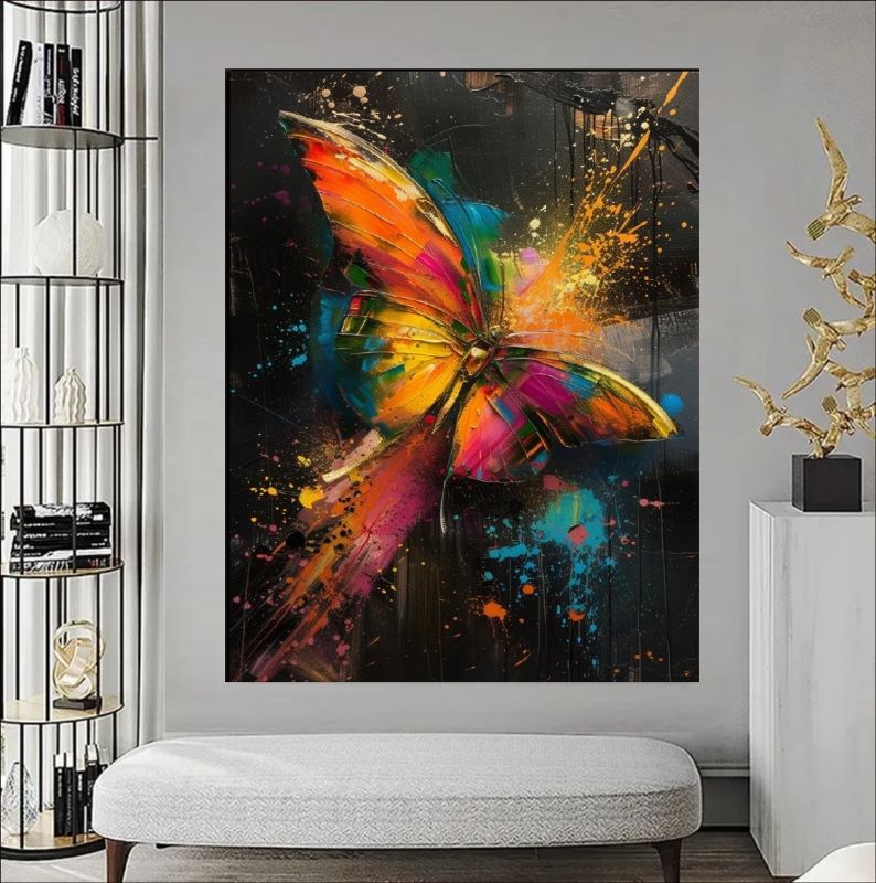 Colorful butterfly painting on a wall in a modern interior setting