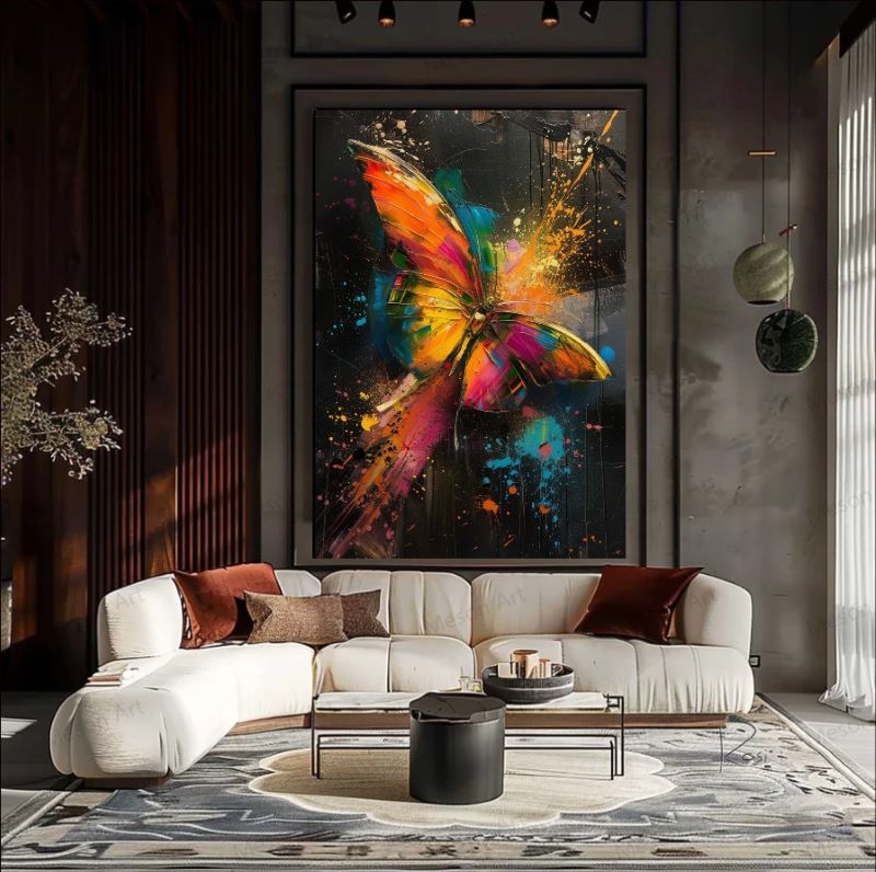 Vibrant abstract painting of a colorful butterfly with neon orange, pink, and blue wings featuring dynamic paint splatters against a dark background, modern art style.