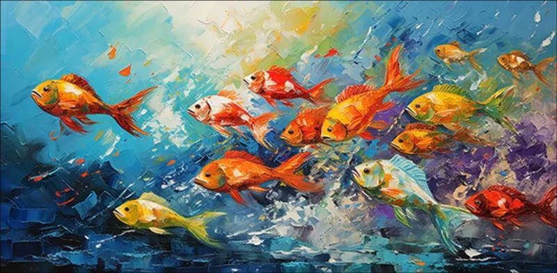 Impressionist oil painting of a colorful school of orange, yellow, and red fish swimming through turbulent blue and purple water, vibrant aquatic wall art.