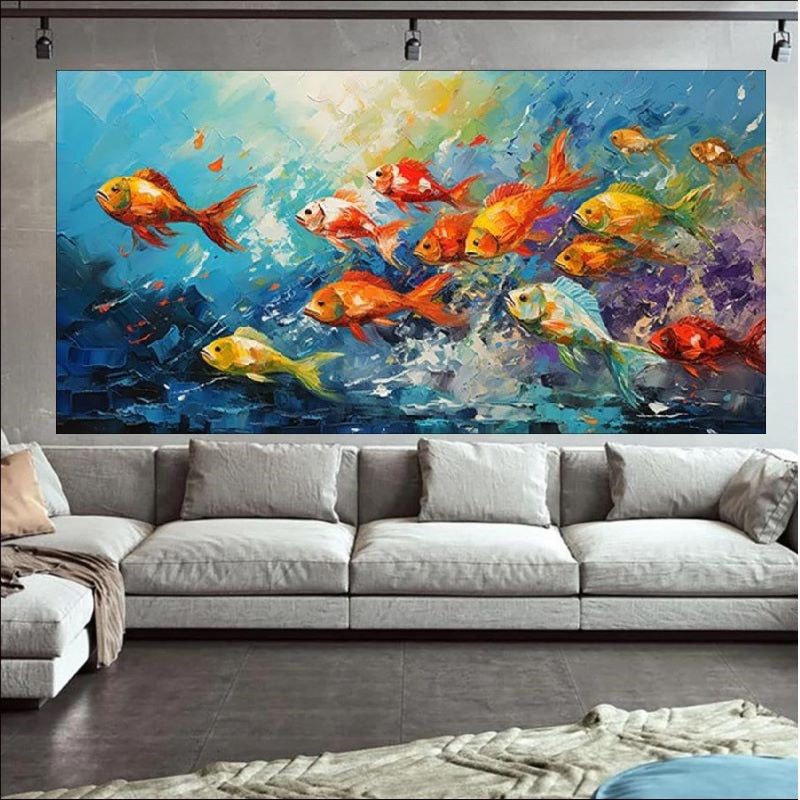 Impressionist oil painting of a colorful school of orange, yellow, and red fish swimming through turbulent blue and purple water, vibrant aquatic wall art.