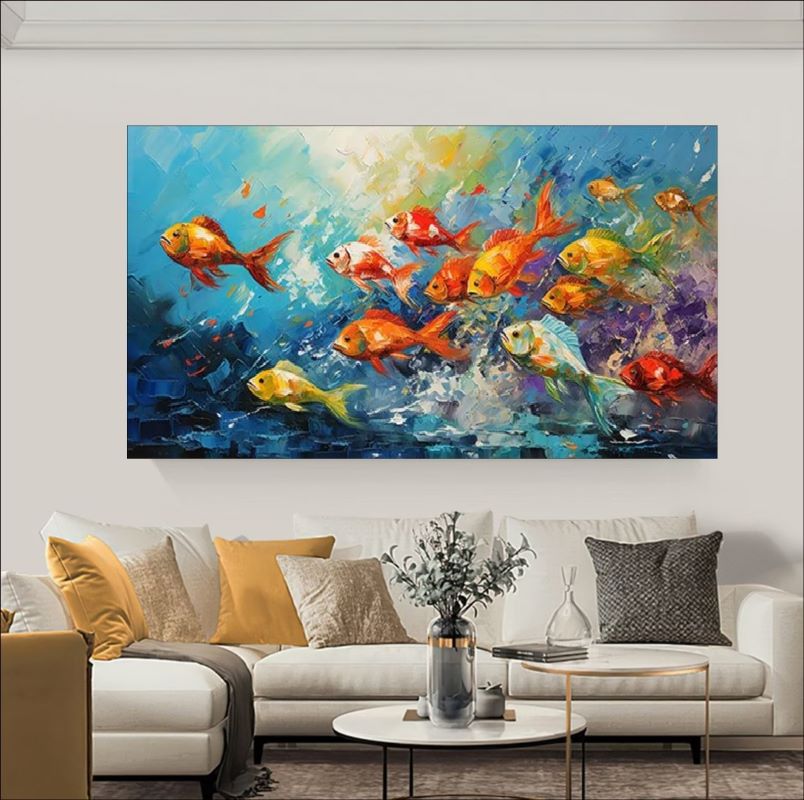 Impressionist oil painting of a colorful school of orange, yellow, and red fish swimming through turbulent blue and purple water, vibrant aquatic wall art.
