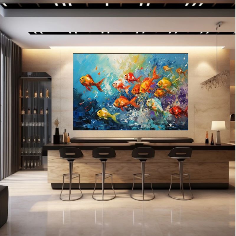 Impressionist oil painting of a colorful school of orange, yellow, and red fish swimming through turbulent blue and purple water, vibrant aquatic wall art.