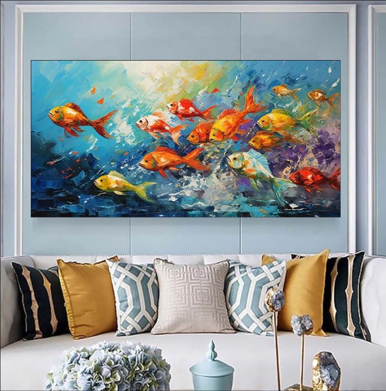 Impressionist oil painting of a colorful school of orange, yellow, and red fish swimming through turbulent blue and purple water, vibrant aquatic wall art.