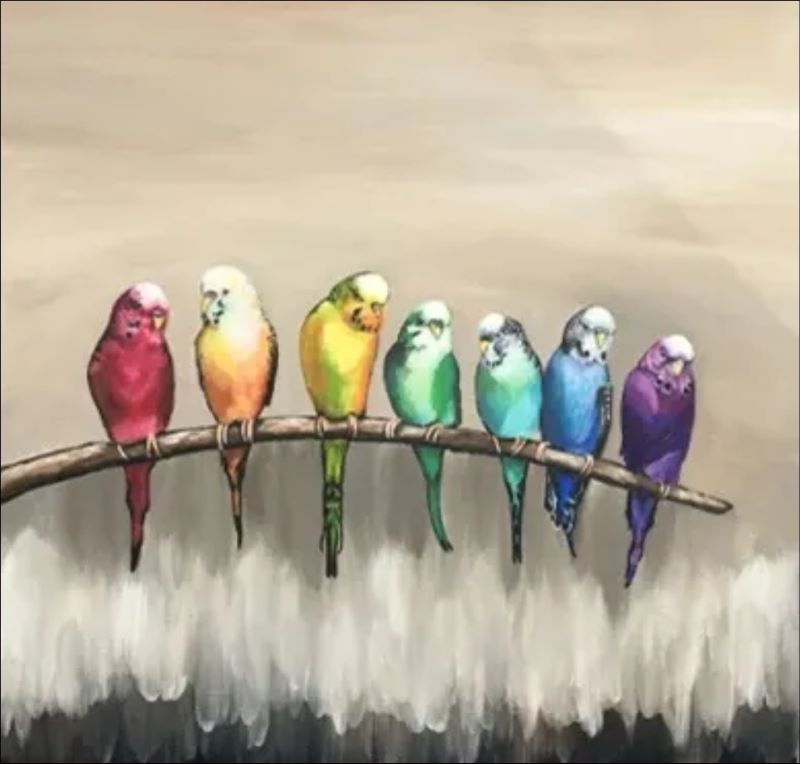 Painting of seven colorful parrots in rainbow hues perched in a row on a branch against a neutral beige background, whimsical bird wall art.