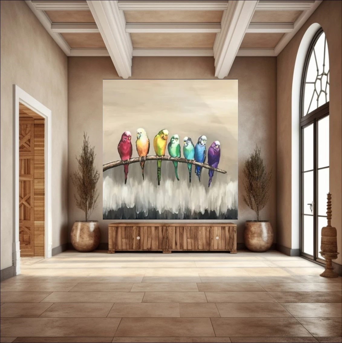 Painting of seven colorful parrots in rainbow hues perched in a row on a branch against a neutral beige background, whimsical bird wall art.