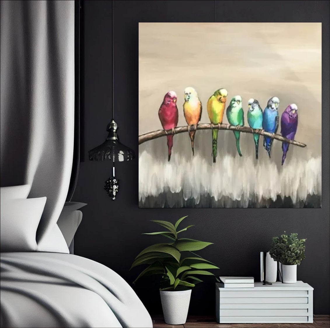 Painting of seven colorful parrots in rainbow hues perched in a row on a branch against a neutral beige background, whimsical bird wall art.