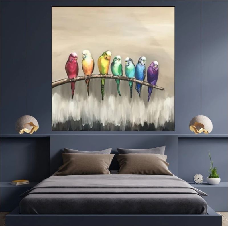 Painting of seven colorful parrots in rainbow hues perched in a row on a branch against a neutral beige background, whimsical bird wall art.