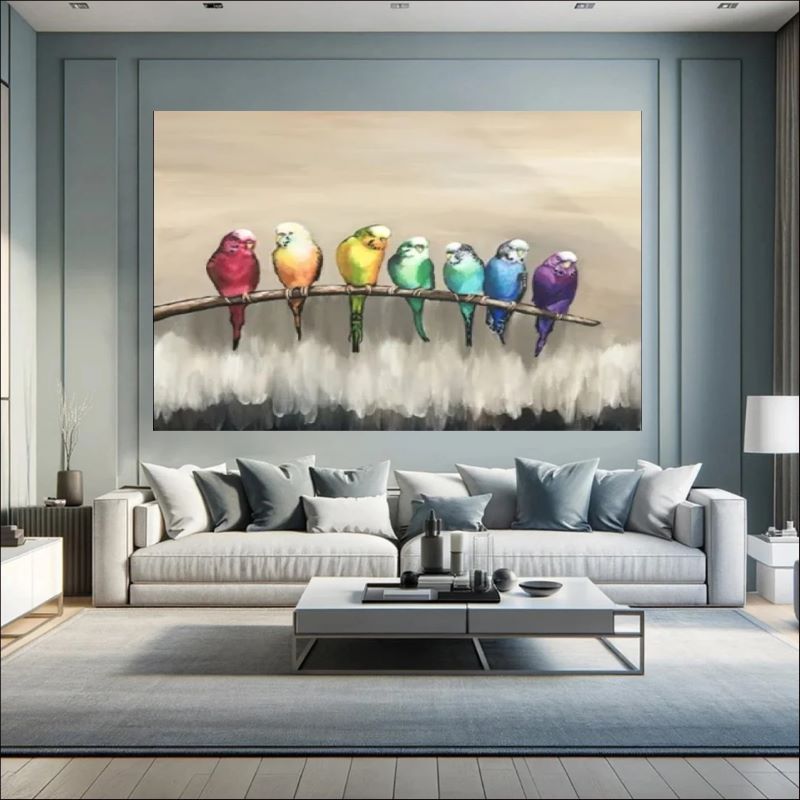 Painting of seven colorful parrots in rainbow hues perched in a row on a branch against a neutral beige background, whimsical bird wall art.