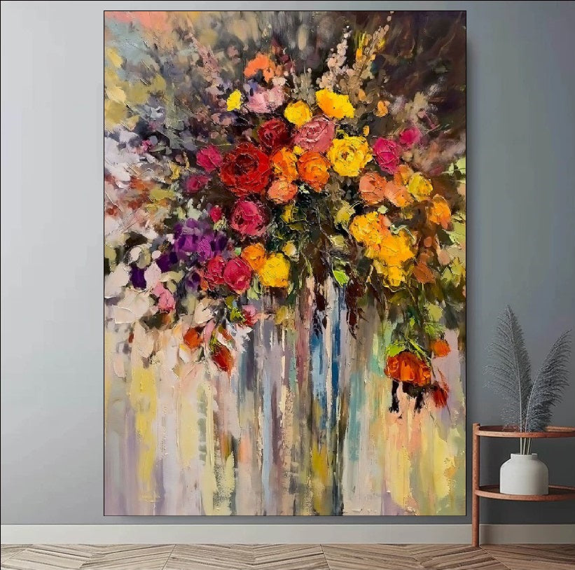 A vibrant abstract painting of a bouquet