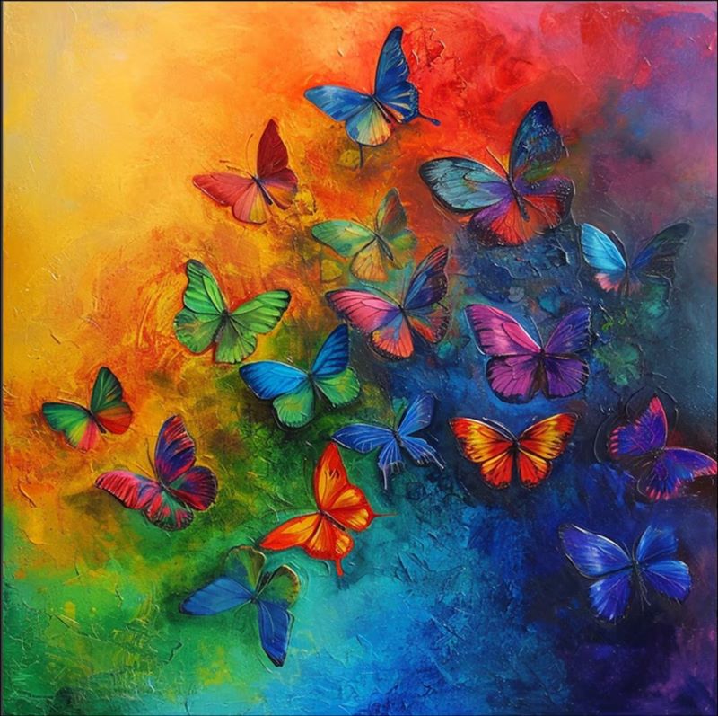 Vibrant painting of a swarm of colorful butterflies flying upwards against a yellow, orange, and blue rainbow gradient background, colorful nature wall art.