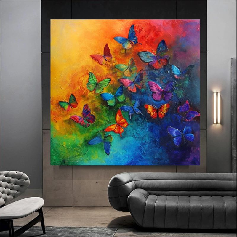 Vibrant painting of a swarm of colorful butterflies flying upwards against a yellow, orange, and blue rainbow gradient background, colorful nature wall art.