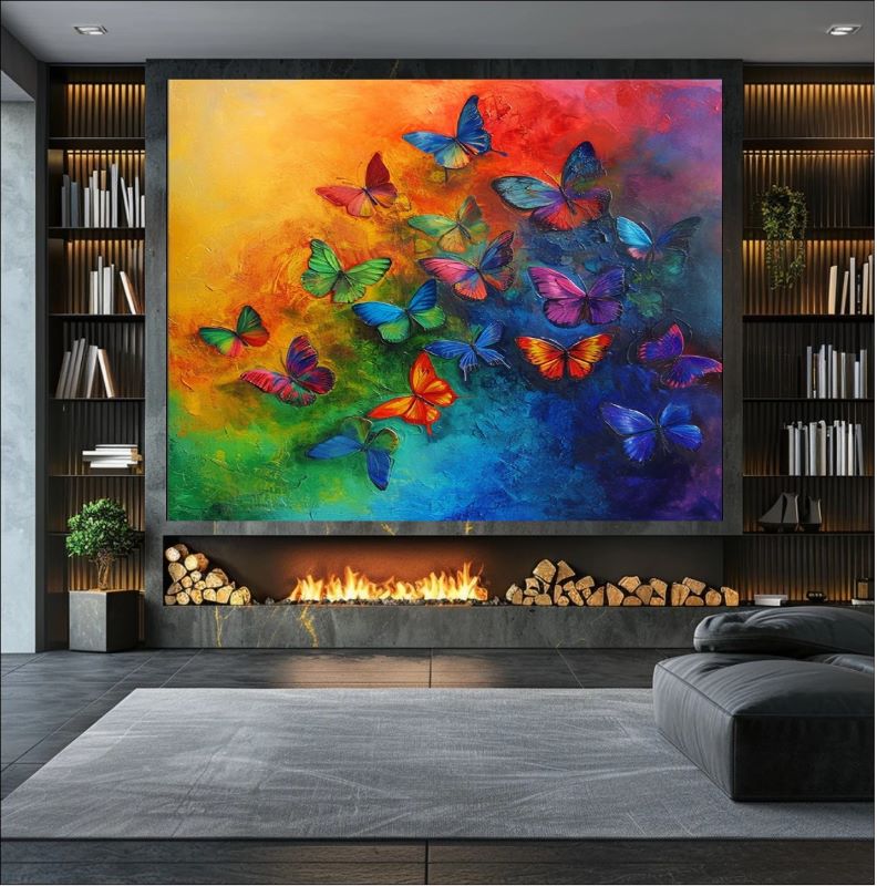 Vibrant painting of a swarm of colorful butterflies flying upwards against a yellow, orange, and blue rainbow gradient background, colorful nature wall art.