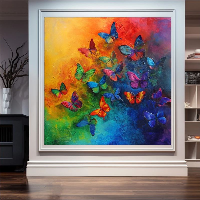 Vibrant painting of a swarm of colorful butterflies flying upwards against a yellow, orange, and blue rainbow gradient background, colorful nature wall art.
