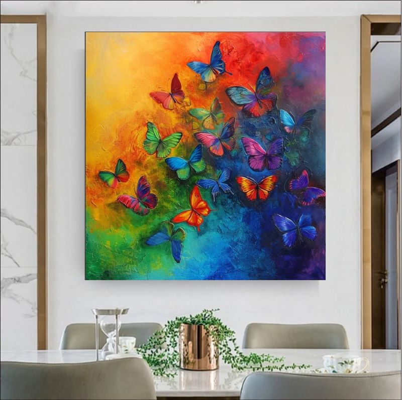 Vibrant painting of a swarm of colorful butterflies flying upwards against a yellow, orange, and blue rainbow gradient background, colorful nature wall art.