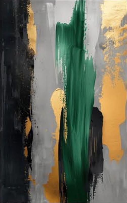Abstract art painting with green, gold, and black colors on a wall in a modern interior setting.