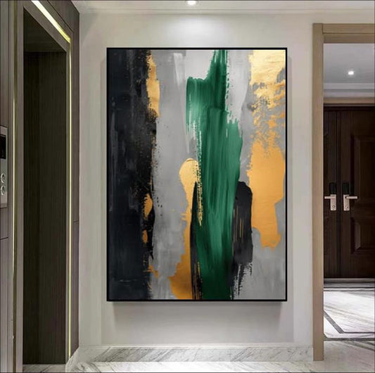 Abstract art painting with green, gold, and black colors on a wall in a modern interior setting.