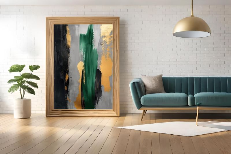 Abstract art painting with green, gold, and black colors on a wall in a modern interior setting.
