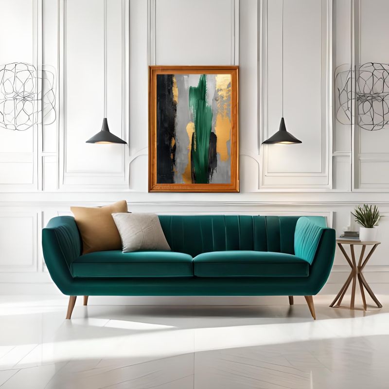 Abstract art painting with green, gold, and black colors on a wall in a modern interior setting.