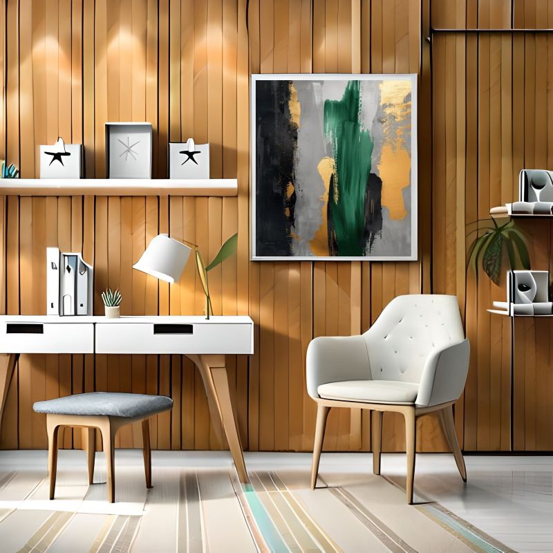 Abstract art painting with green, gold, and black colors on a wall in a modern interior setting.