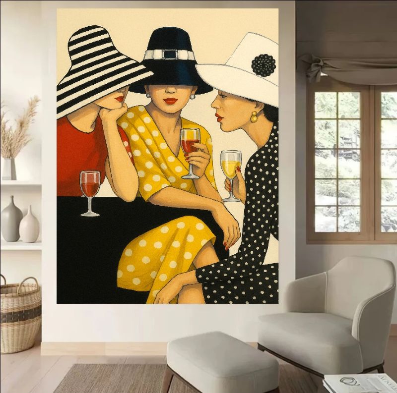 Modern figurative painting of three elegant women in vintage hats, stripes, and polka dot dresses sipping wine, chic fashion wall art style.