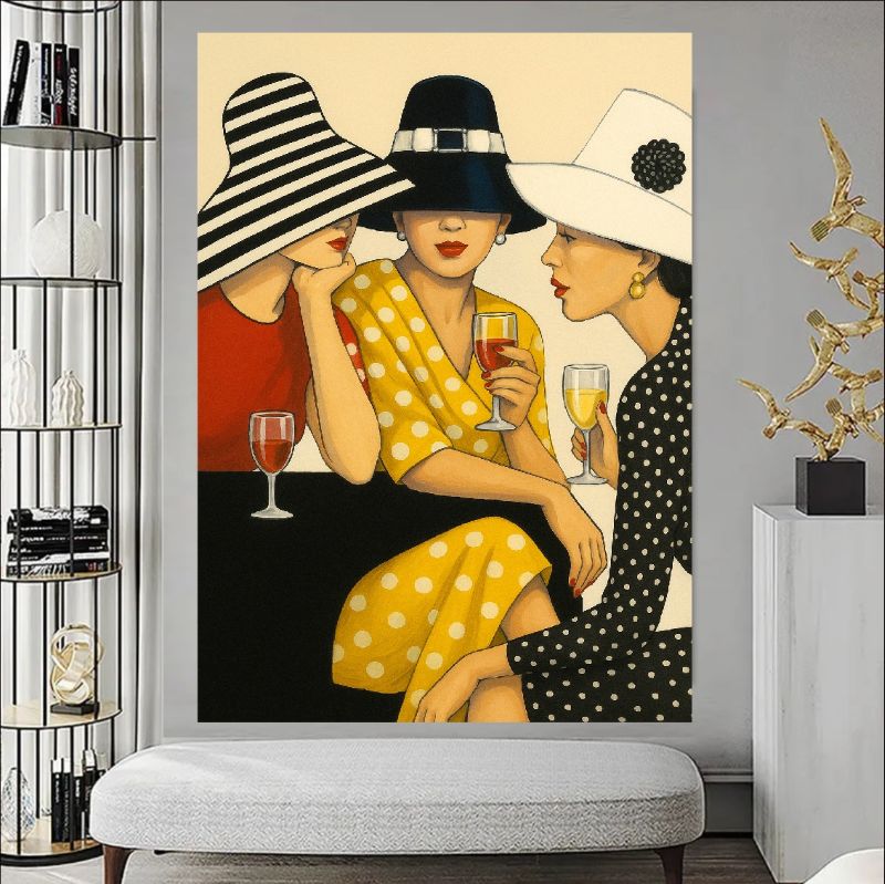 Modern figurative painting of three elegant women in vintage hats, stripes, and polka dot dresses sipping wine, chic fashion wall art style.