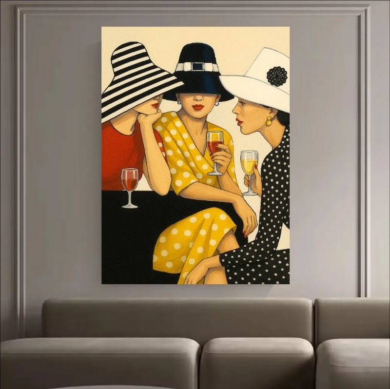 Modern figurative painting of three elegant women in vintage hats, stripes, and polka dot dresses sipping wine, chic fashion wall art style.