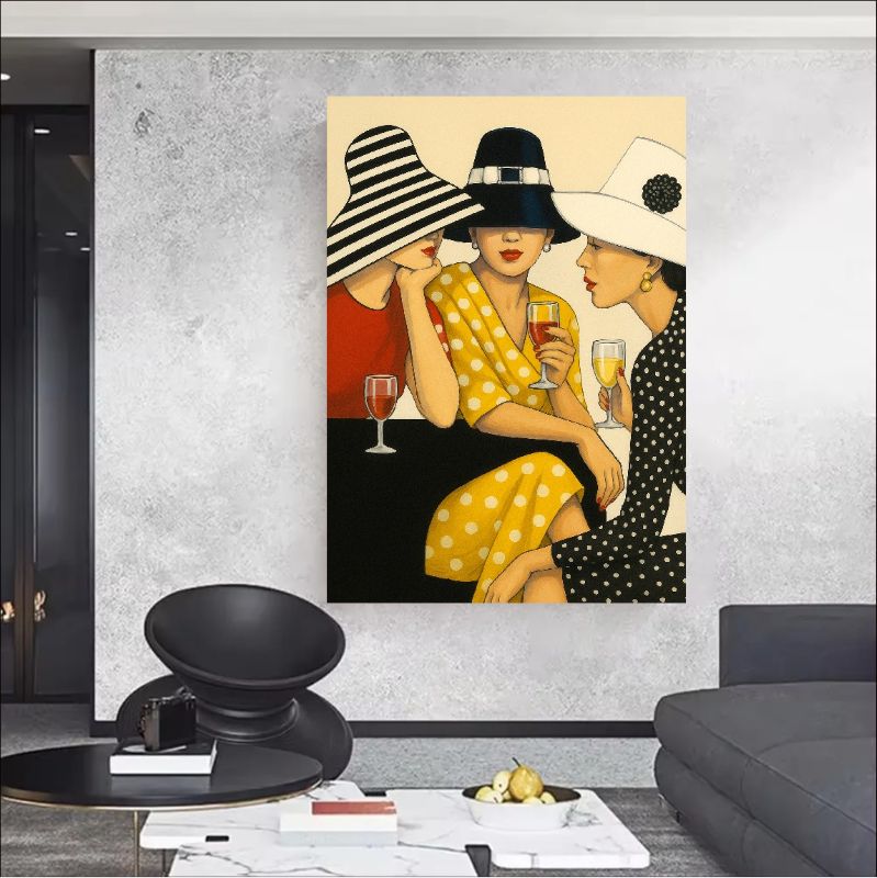 Modern figurative painting of three elegant women in vintage hats, stripes, and polka dot dresses sipping wine, chic fashion wall art style.