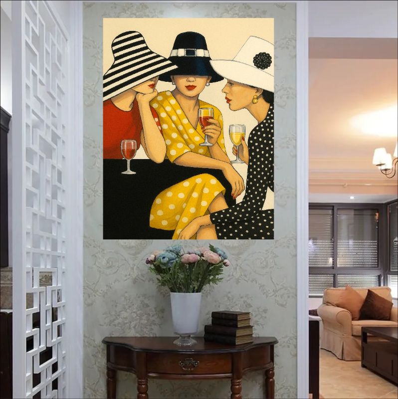Modern figurative painting of three elegant women in vintage hats, stripes, and polka dot dresses sipping wine, chic fashion wall art style.