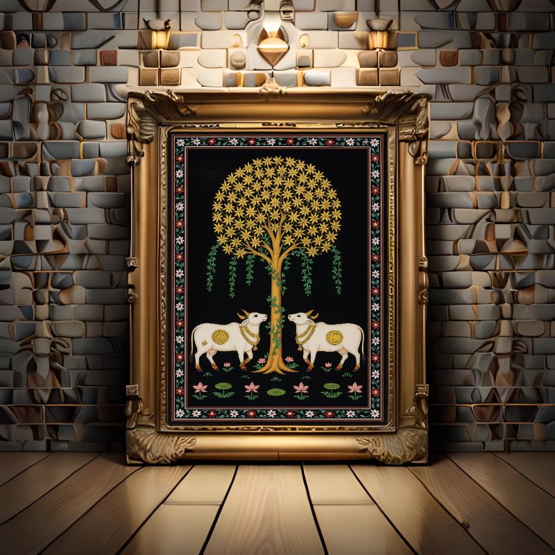 Traditional Pichwai painting featuring two white sacred cows standing under a golden Tree of Life on a black background with floral borders, Indian folk art.