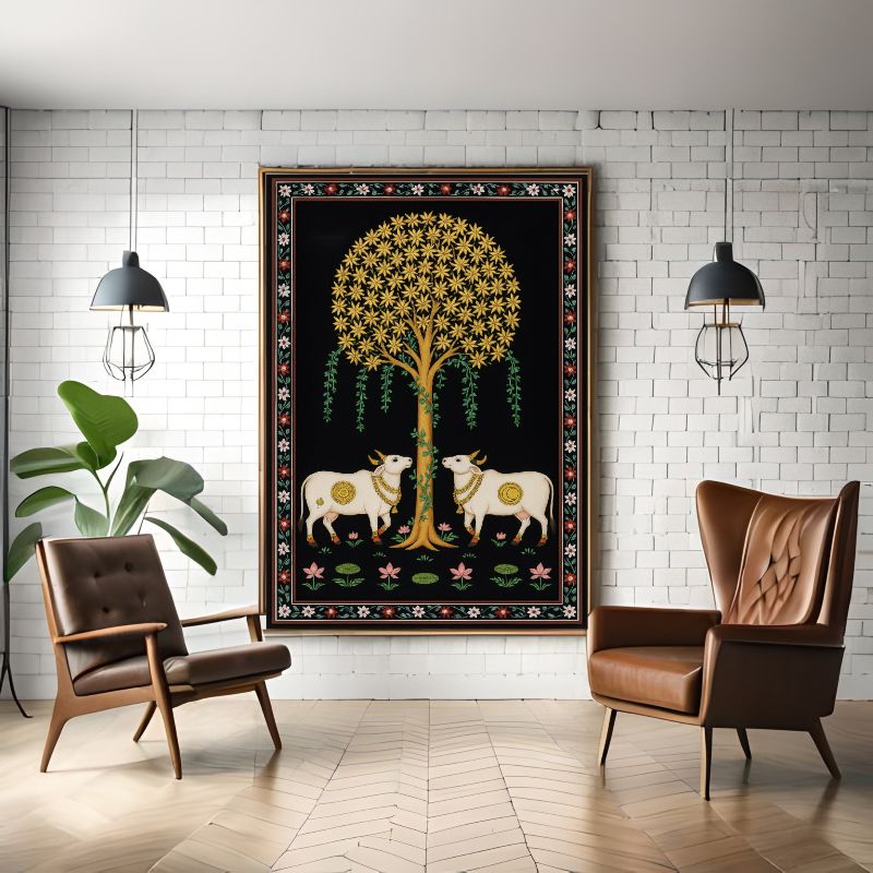Traditional Pichwai painting featuring two white sacred cows standing under a golden Tree of Life on a black background with floral borders, Indian folk art.