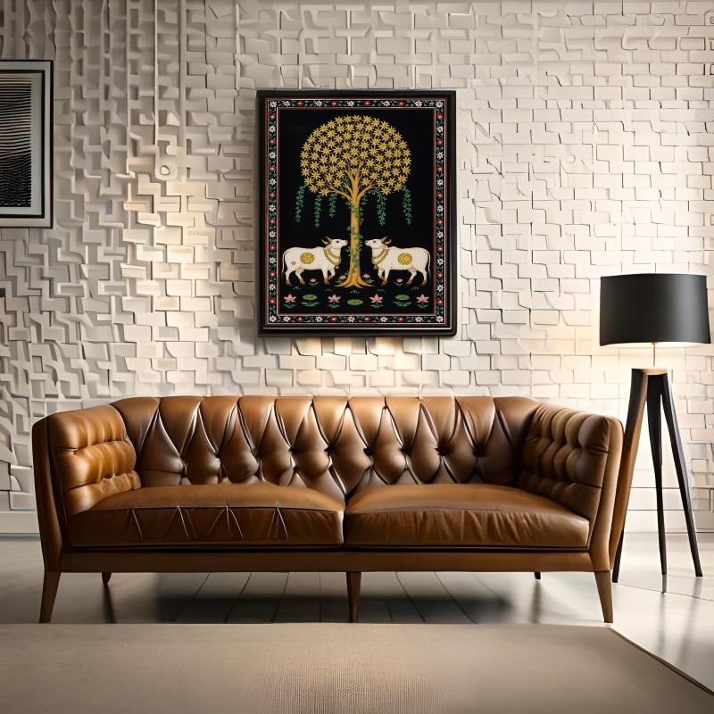 Traditional Pichwai painting featuring two white sacred cows standing under a golden Tree of Life on a black background with floral borders, Indian folk art.