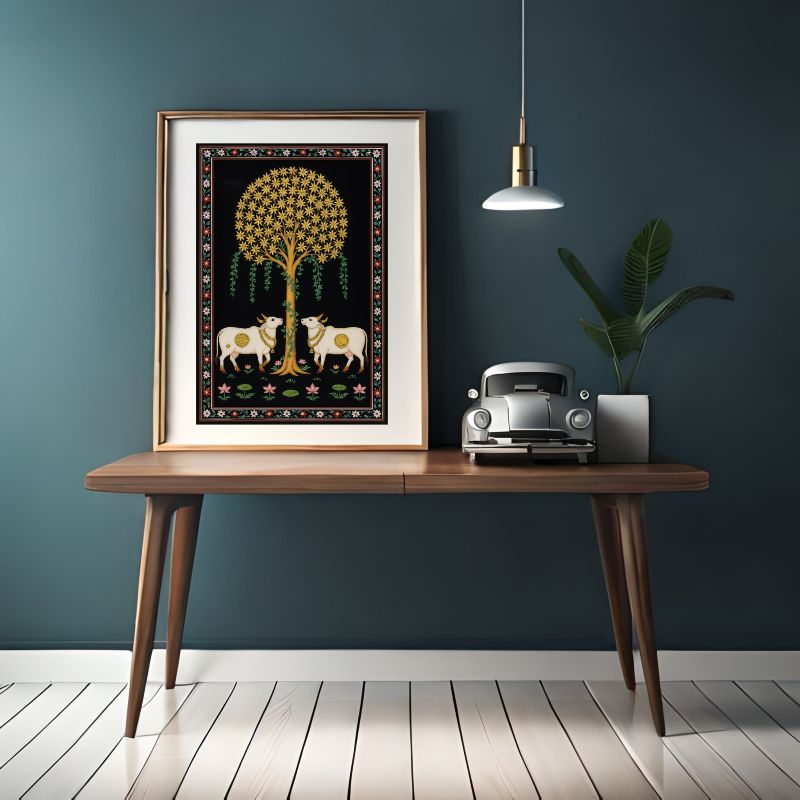 Traditional Pichwai painting featuring two white sacred cows standing under a golden Tree of Life on a black background with floral borders, Indian folk art.