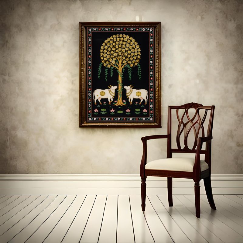 Traditional Pichwai painting featuring two white sacred cows standing under a golden Tree of Life on a black background with floral borders, Indian folk art.