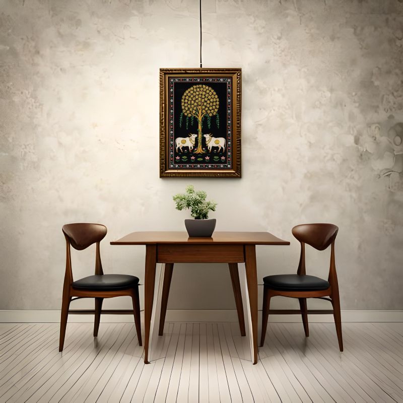 Traditional Pichwai painting featuring two white sacred cows standing under a golden Tree of Life on a black background with floral borders, Indian folk art.