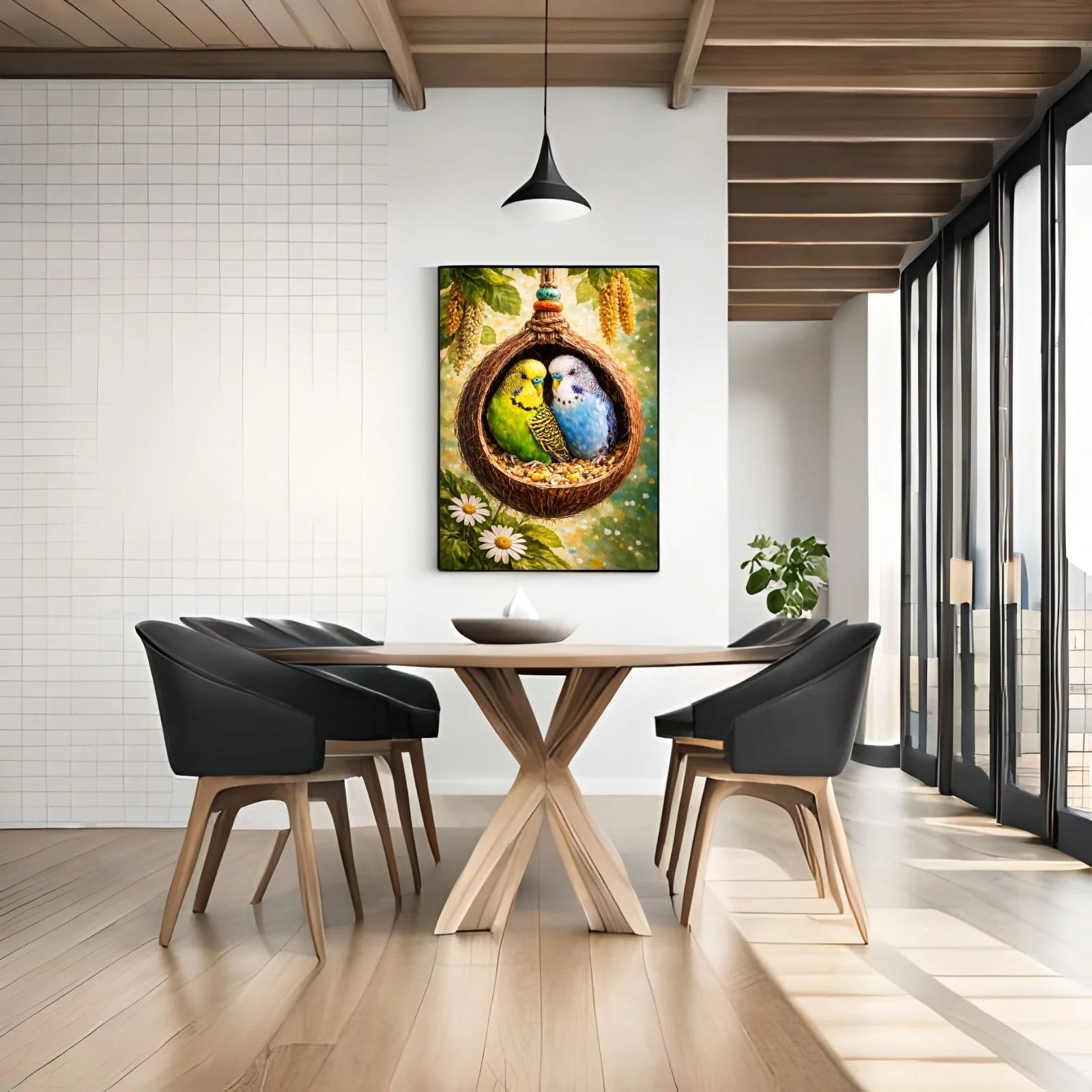 A colorful wildlife painting of two budgies, one green and one blue, snuggled inside a hanging coconut shell nest surrounded by tropical flowers.