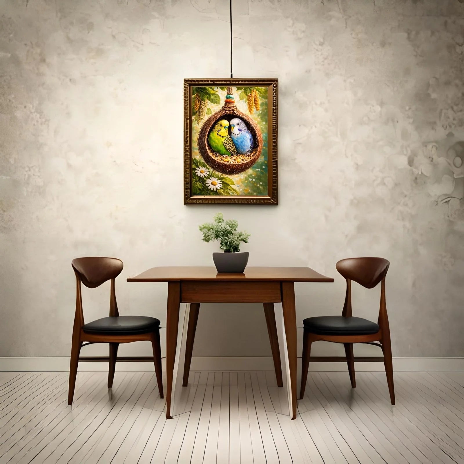 A colorful wildlife painting of two budgies, one green and one blue, snuggled inside a hanging coconut shell nest surrounded by tropical flowers.