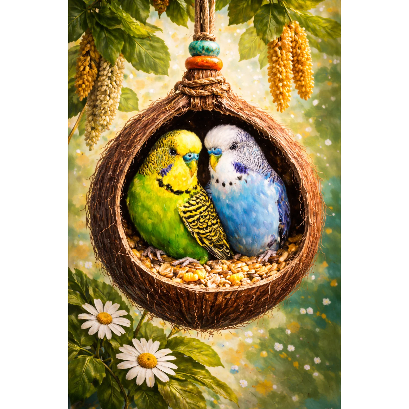 A colorful wildlife painting of two budgies, one green and one blue, snuggled inside a hanging coconut shell nest surrounded by tropical flowers.