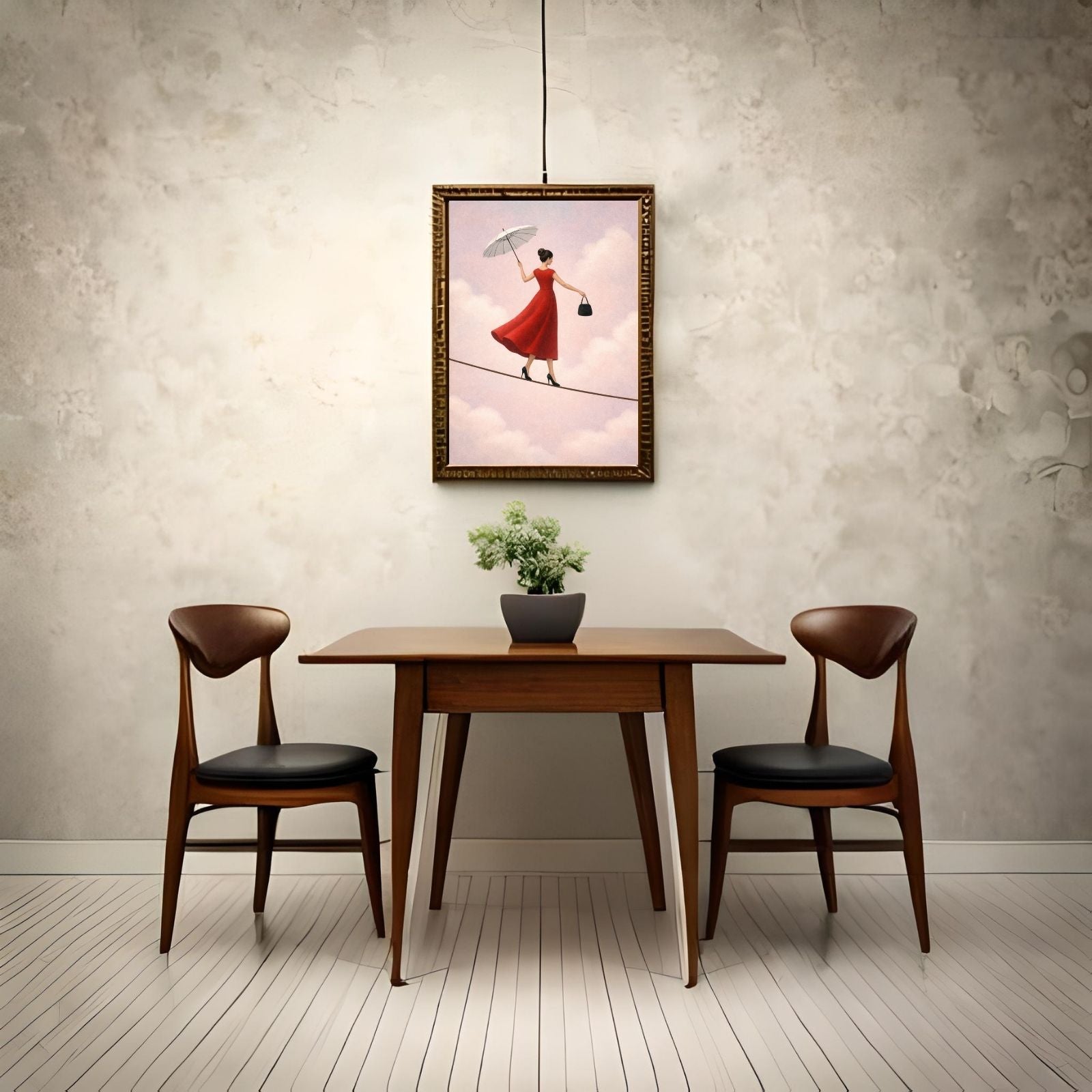 A surreal figurative painting of a woman in a red dress and high heels walking on a tightrope, holding a white umbrella and a handbag against a cloudy pink sky.