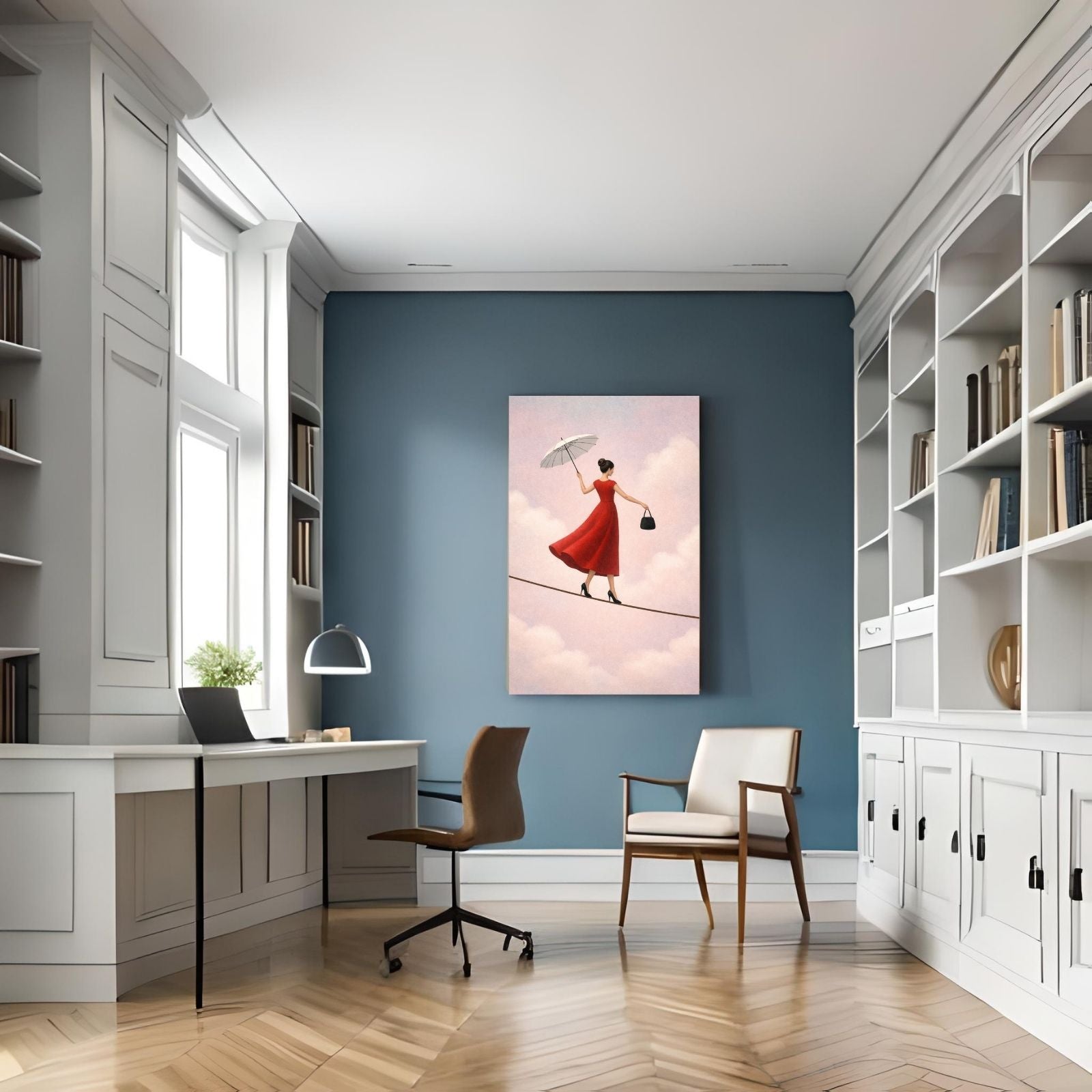 A surreal figurative painting of a woman in a red dress and high heels walking on a tightrope, holding a white umbrella and a handbag against a cloudy pink sky.