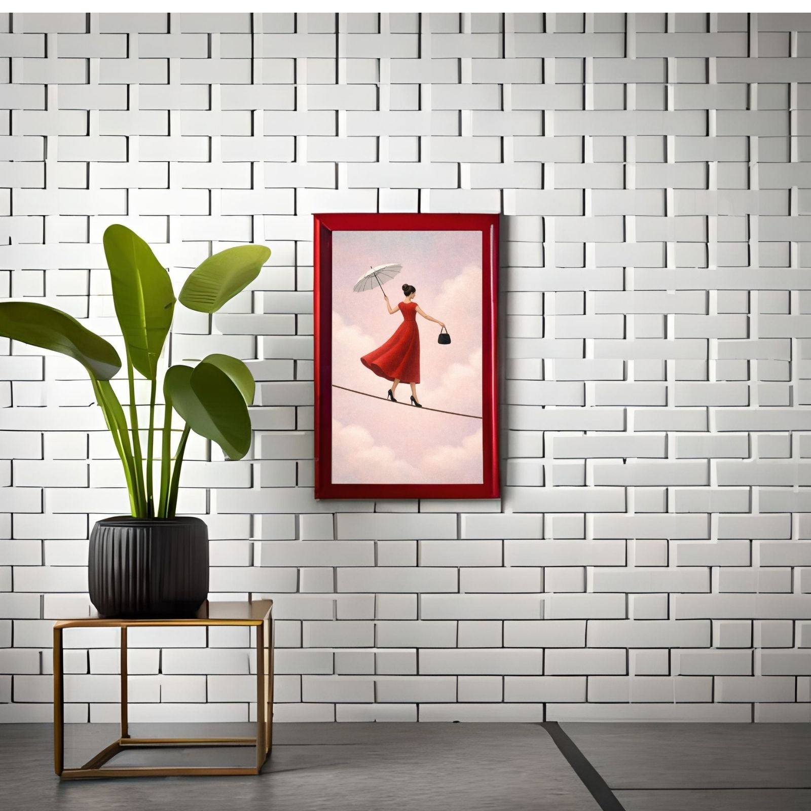 A surreal figurative painting of a woman in a red dress and high heels walking on a tightrope, holding a white umbrella and a handbag against a cloudy pink sky.