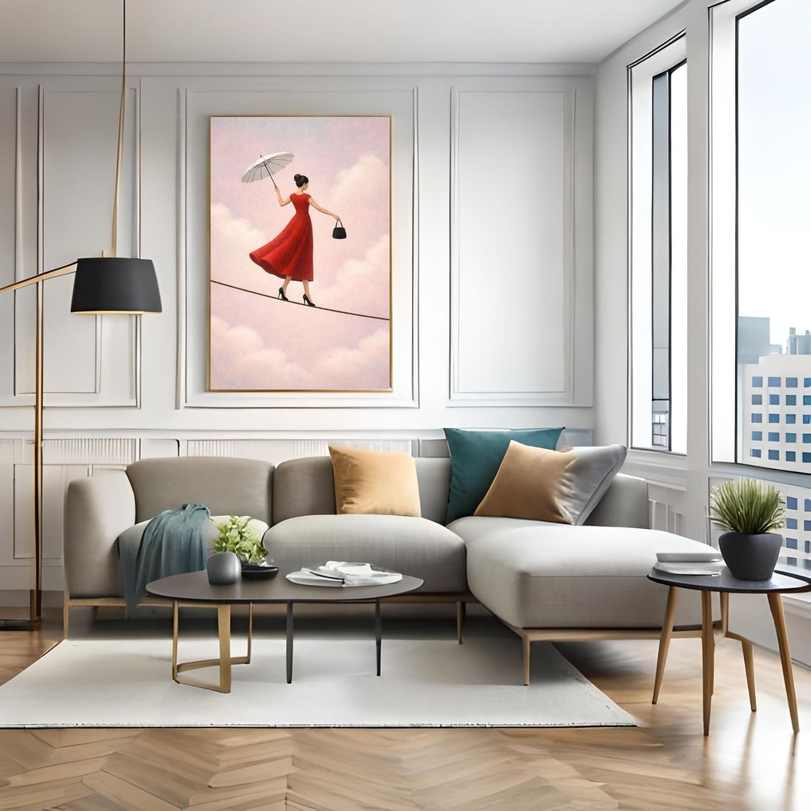 A surreal figurative painting of a woman in a red dress and high heels walking on a tightrope, holding a white umbrella and a handbag against a cloudy pink sky.