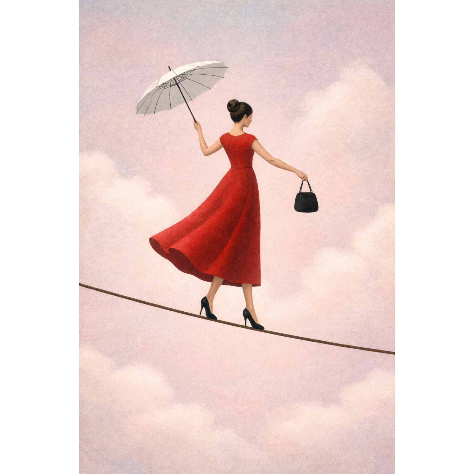 A surreal figurative painting of a woman in a red dress and high heels walking on a tightrope, holding a white umbrella and a handbag against a cloudy pink sky.