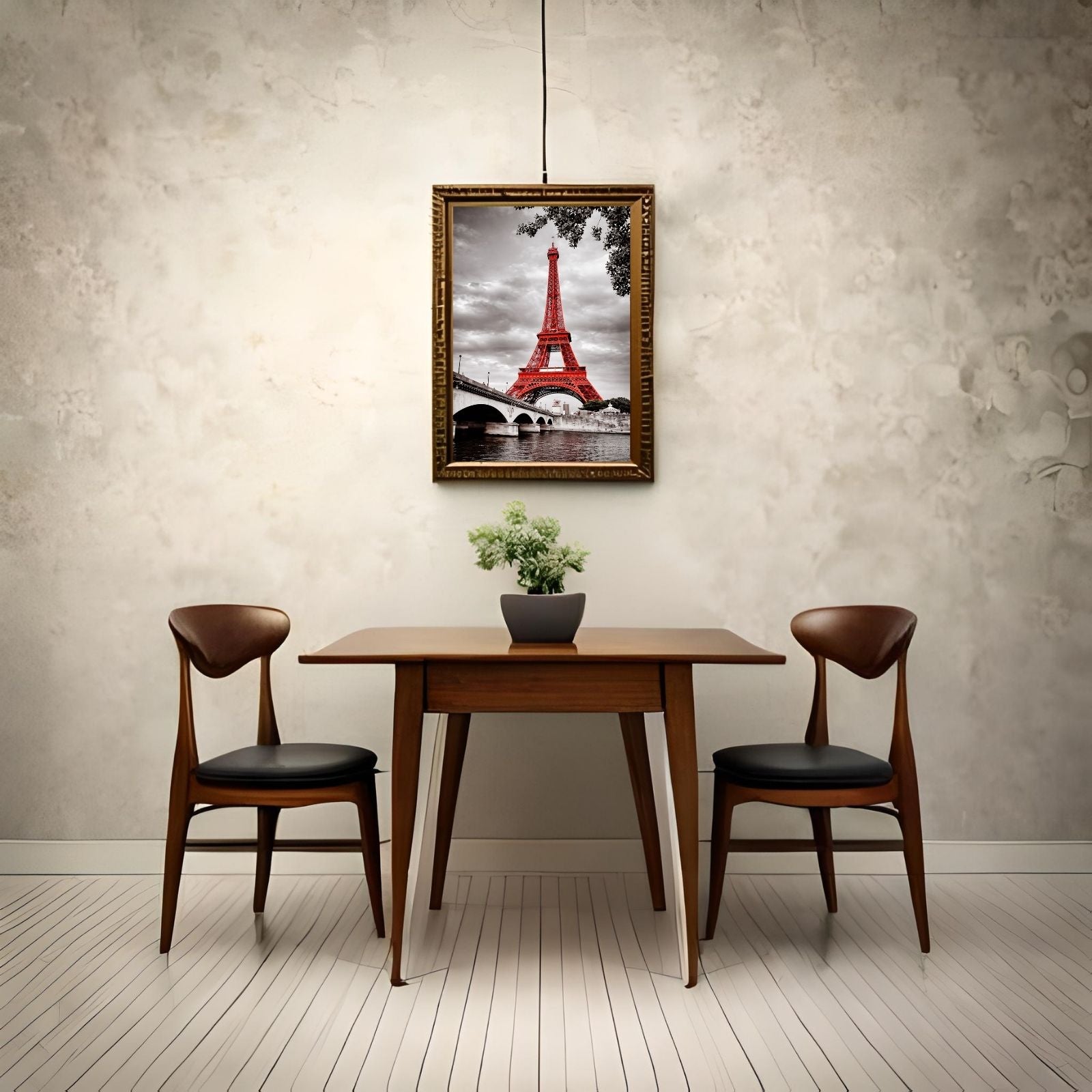 A modern cityscape photograph of a bright red Eiffel Tower standing out against a black and white cloudy sky and the Pont d'Iéna bridge.