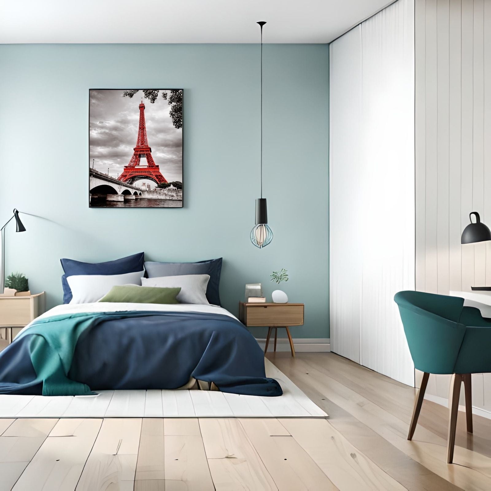 A modern cityscape photograph of a bright red Eiffel Tower standing out against a black and white cloudy sky and the Pont d'Iéna bridge.