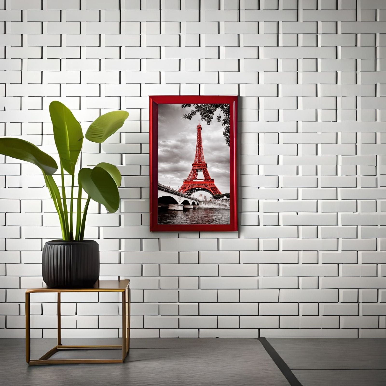 A modern cityscape photograph of a bright red Eiffel Tower standing out against a black and white cloudy sky and the Pont d'Iéna bridge.