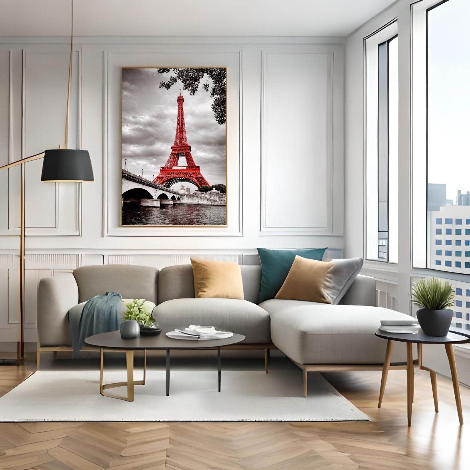 A modern cityscape photograph of a bright red Eiffel Tower standing out against a black and white cloudy sky and the Pont d'Iéna bridge.