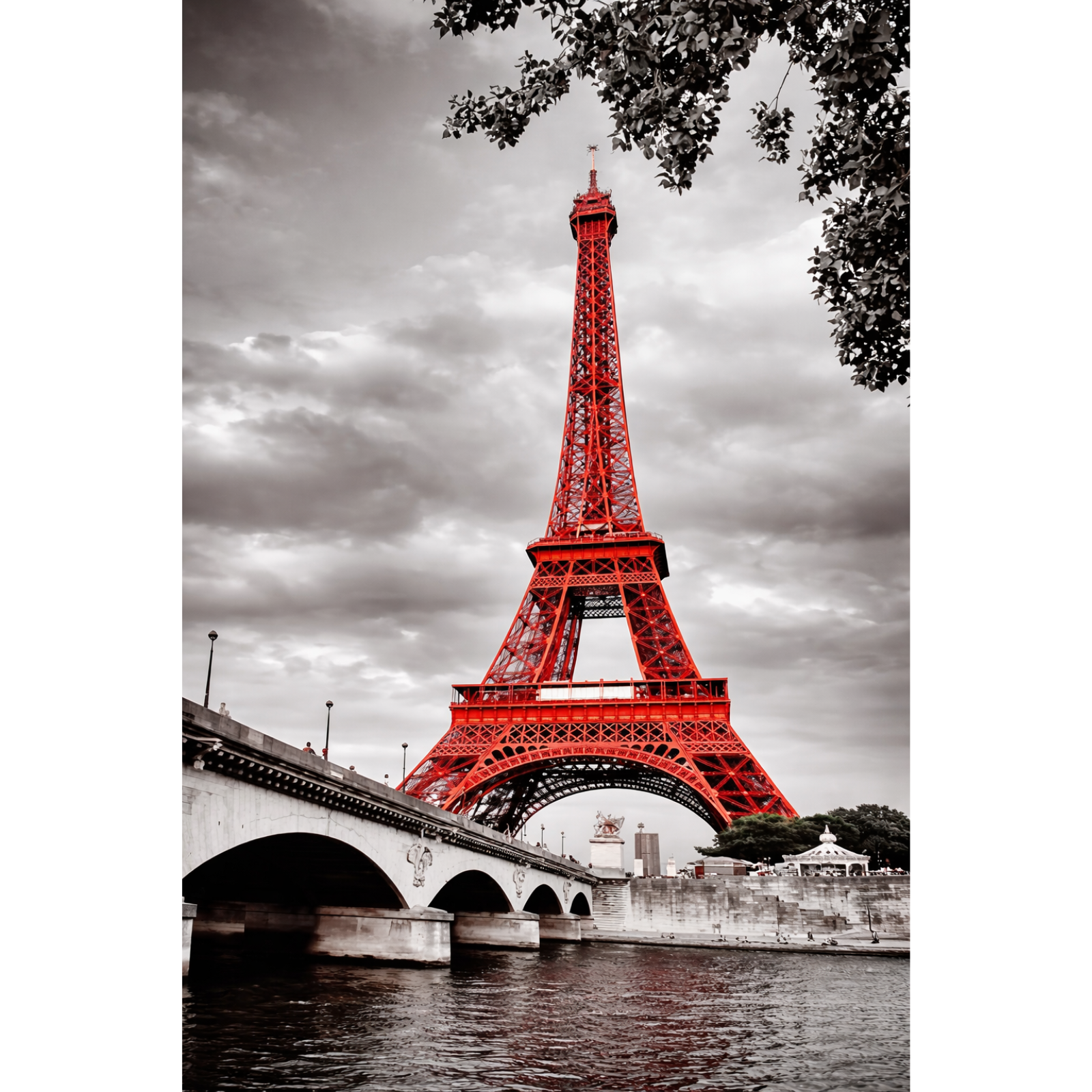 A modern cityscape photograph of a bright red Eiffel Tower standing out against a black and white cloudy sky and the Pont d'Iéna bridge.